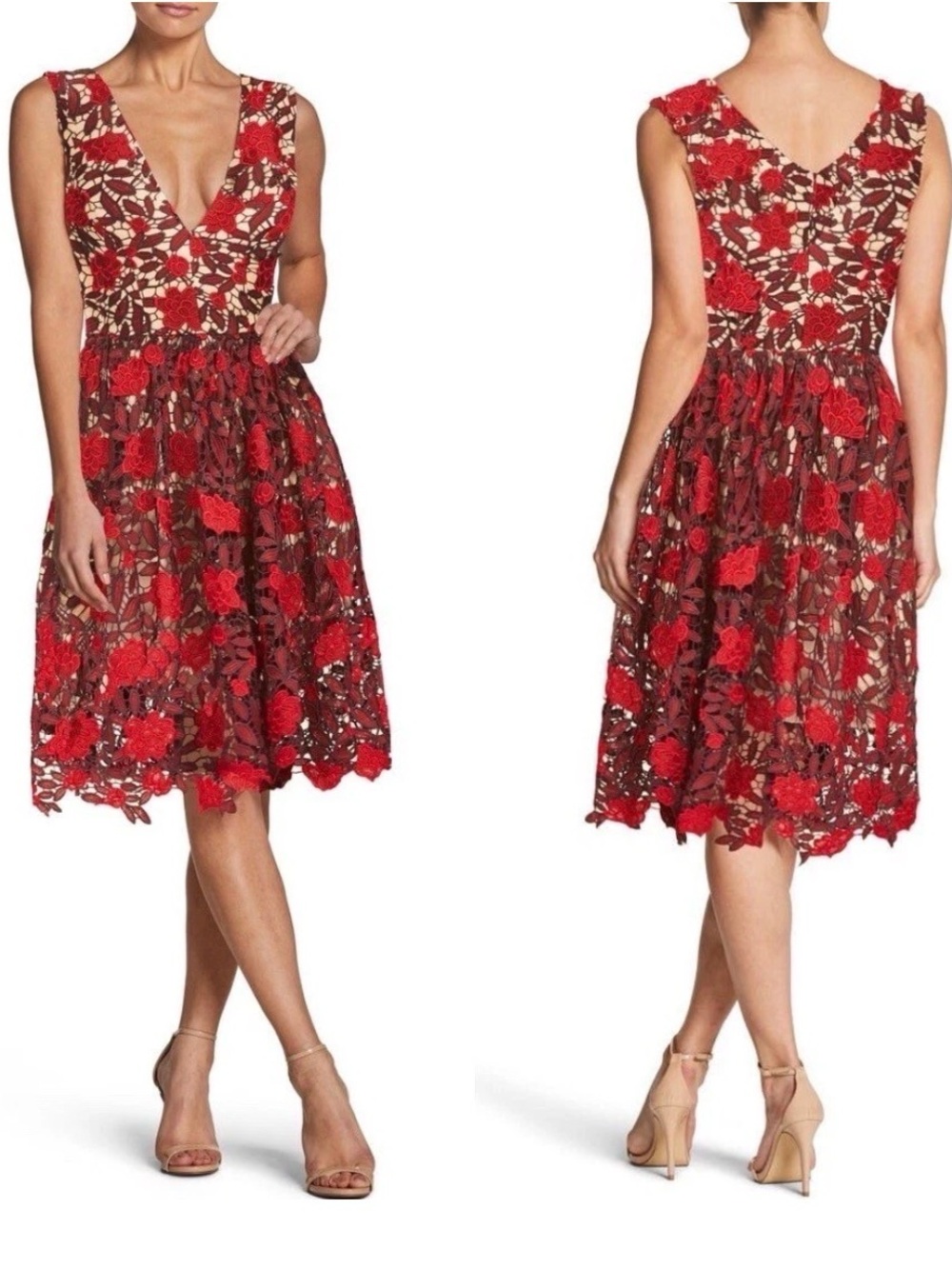Dress the Population Rita Red Floral Lace Midi Dress XL Romantic Formal Party